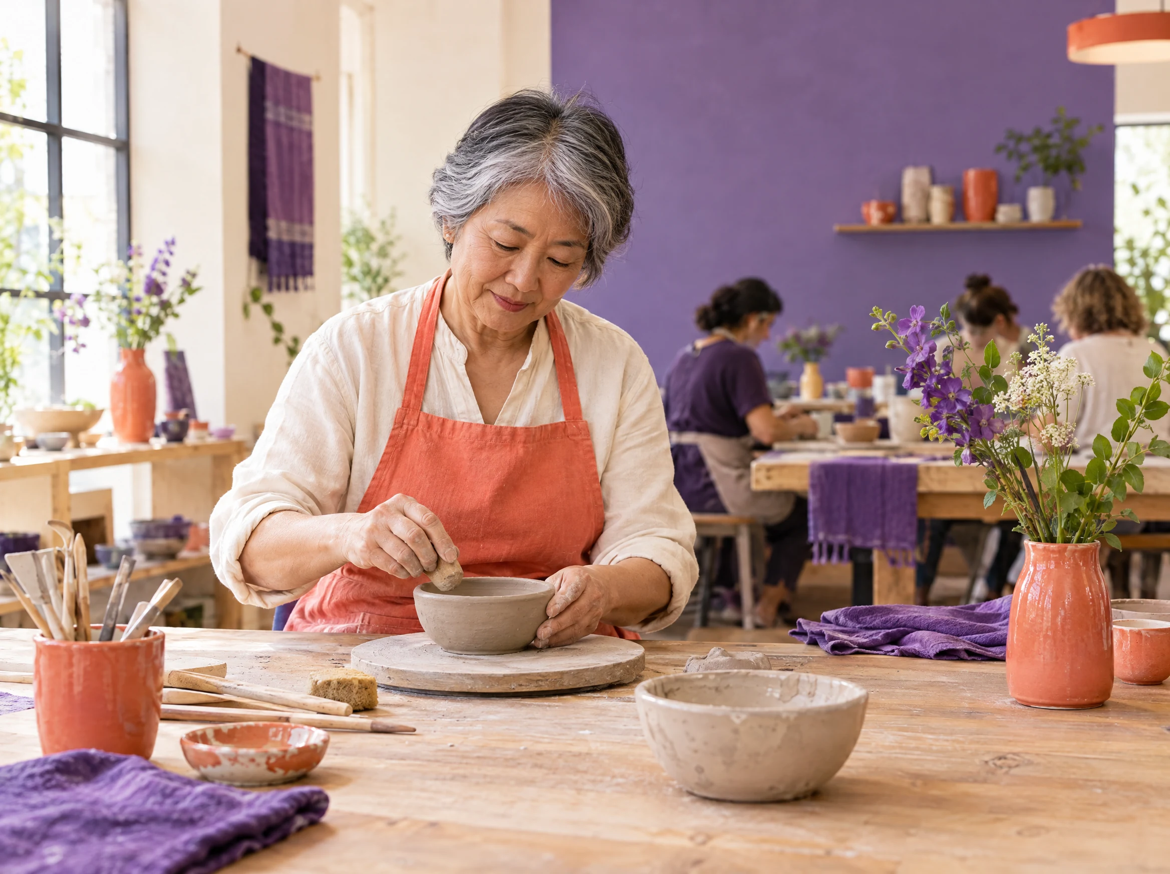 An older woman enjoying a ceramics workshop.